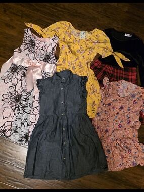 Girls Mixed Dresses Bundle - Yellow Floral, Pink Floral, Denim & More